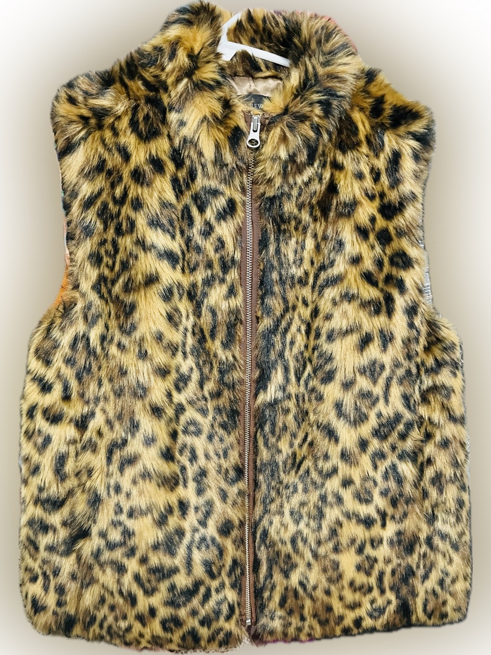 J. Crew Leopard Faux Fur Zip Vest with pockets in Brown & Black